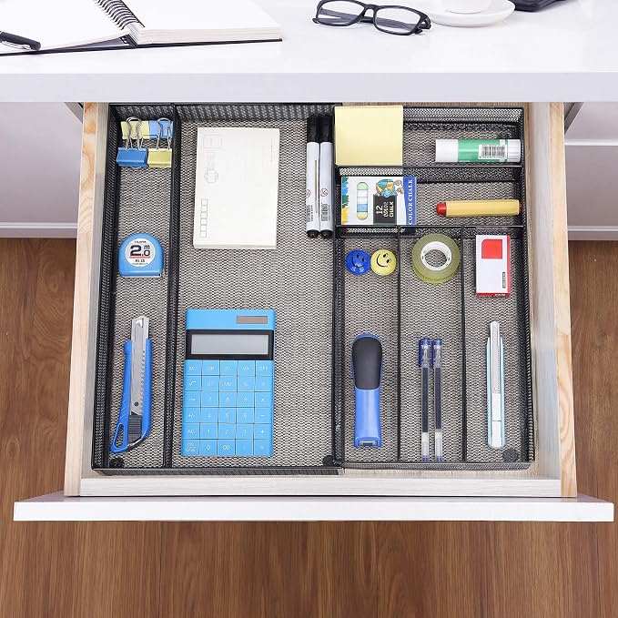 WuGeShop Expandable Office Desk Organizer, 7 compartments Mesh Desk Drawer - Image 3