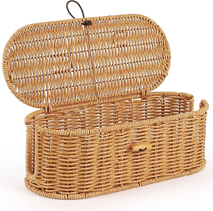 Cable Management Box, Handwoven Faux Rattan Cord Organizer Box by Tohiasen