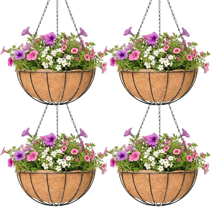 4 Pack Hanging Planter for Outdoor Plants 14 inch Metal Hanging Flower Basket by Unknown