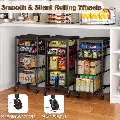 Slim Rolling Storage Cart with Drawers, Under Desk Storage with Wooden Tabletop - Image 4