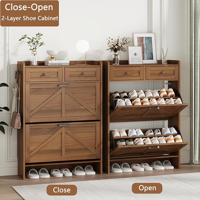 Shoe Cabinet with 2 Flip Drawers & 2 Top Drawers, Hidden Slim Shoe Rack - Image 4