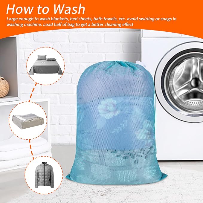 Polecasa Heavy Duty Diamond Mesh Laundry Bag, Aqua | Drawstring & ID Tag - Image 6