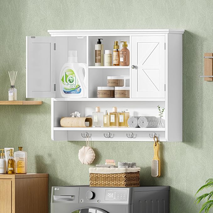Bathroom Wall Cabinet with Doors and Hooks, 3-Tier Wall Mounted Cabinet | - Image 5