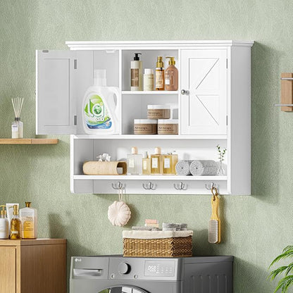 Bathroom Wall Cabinet with Doors and Hooks, 3-Tier Wall Mounted Cabinet | - Image 5