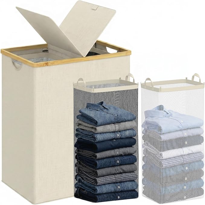efluky Laundry Hamper with Lid, Double Laundry Basket with 2 Removable Bags by efluky