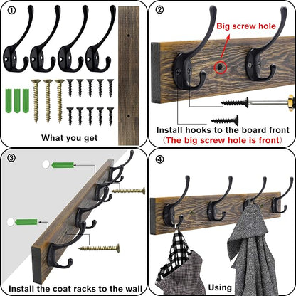 IBosins Wall Mounted Coat Rack, 2 Pack Metal Wood Coat Rack - Image 2