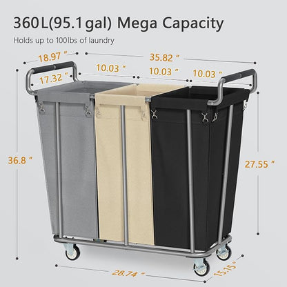 Large laundry hamper with Wheels, 360L 3 Bag Big Rolling Laundry Hamper Sorter - Image 3