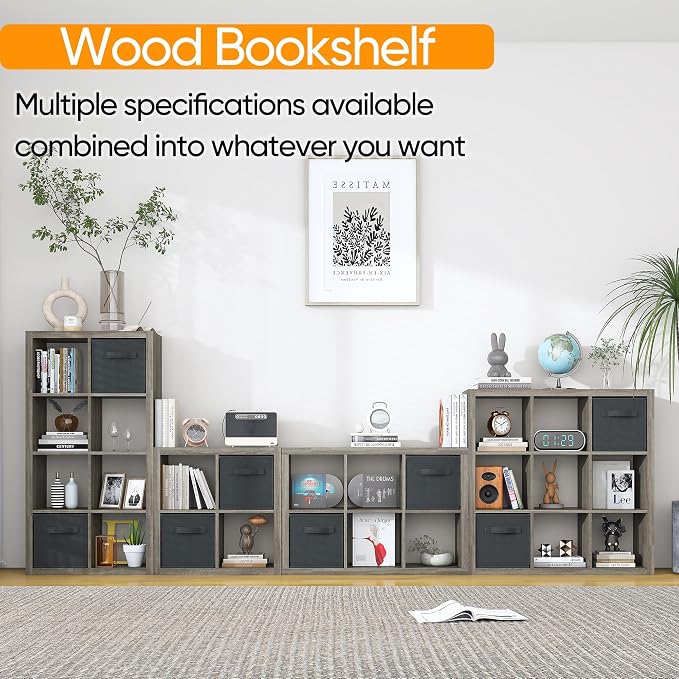 Bookshelf with Storage Bins, 9-Cube Storage Organizer Sturdy Wooden Bookcase - Image 4