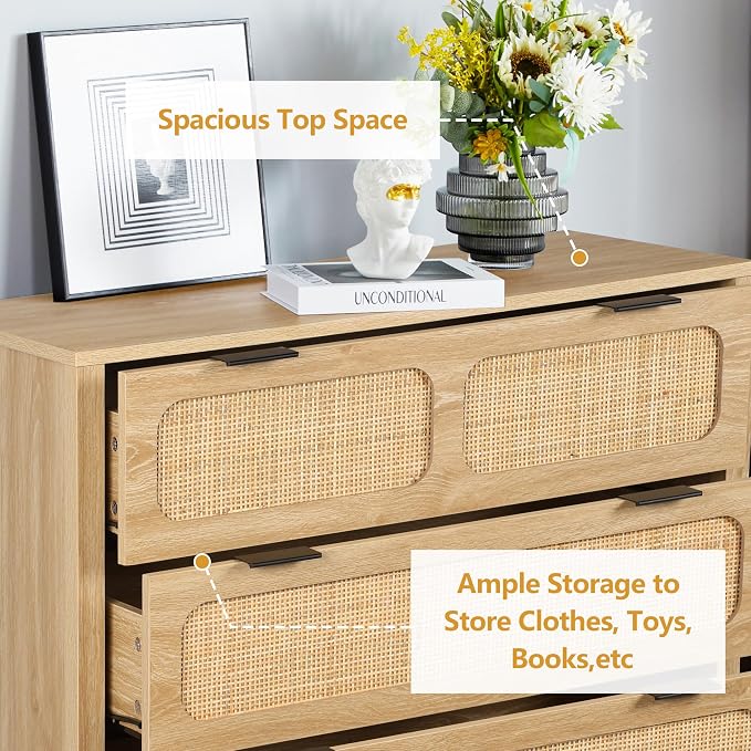 5 Drawer Dresser with Rattan Finish, Modern Farmhouse Chest of Drawers with - Image 9