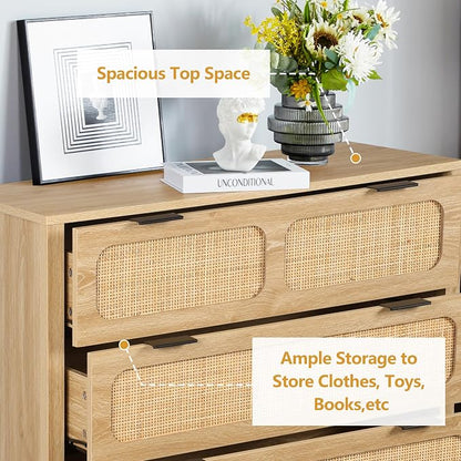 5 Drawer Dresser with Rattan Finish, Modern Farmhouse Chest of Drawers with - Image 9