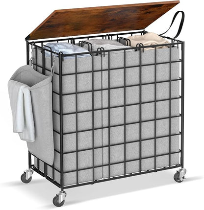 Laundry Basket with Wheels, Heavy Duty Laundry Sorter 3 Sections, 140L Large by Unknown
