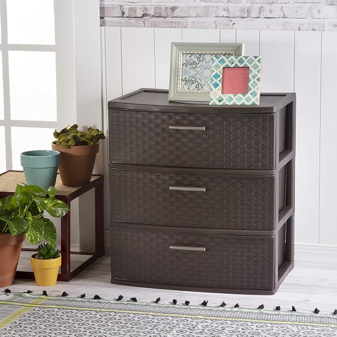 Sterilite 3 Drawer Wide Storage Tower, Plastic Weave Organizer, Espresso by Sterilite