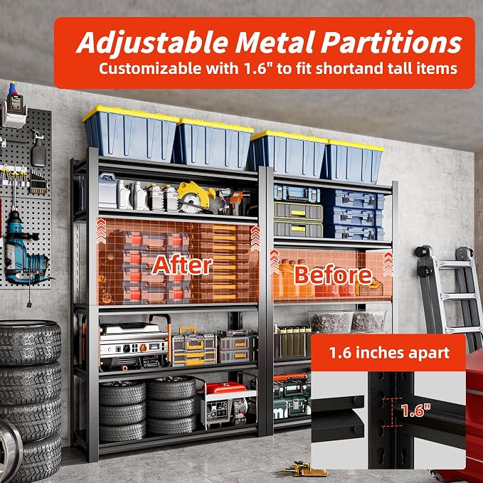 39" W Garage Shelving, 5-Tier Heavy Duty Shelving Unit, 3000LBS Adjustable - Image 7