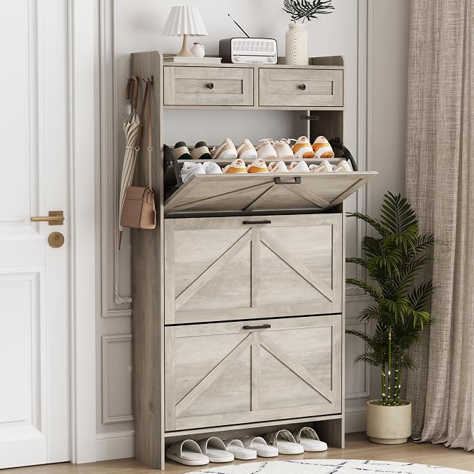 Shoe Cabinet with 3 Flip Drawers & 2 Top Drawers, Hidden Slim Shoe Rack by Xixini