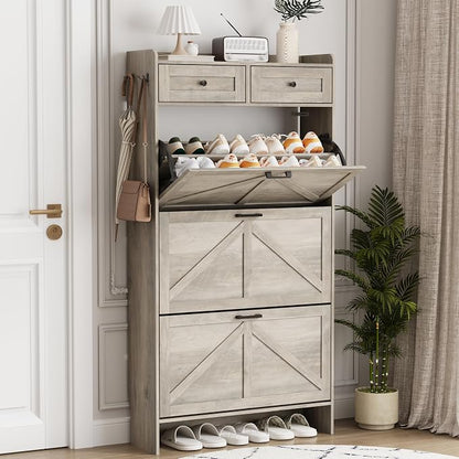Shoe Cabinet with 3 Flip Drawers & 2 Top Drawers, Hidden Slim Shoe Rack by Xixini