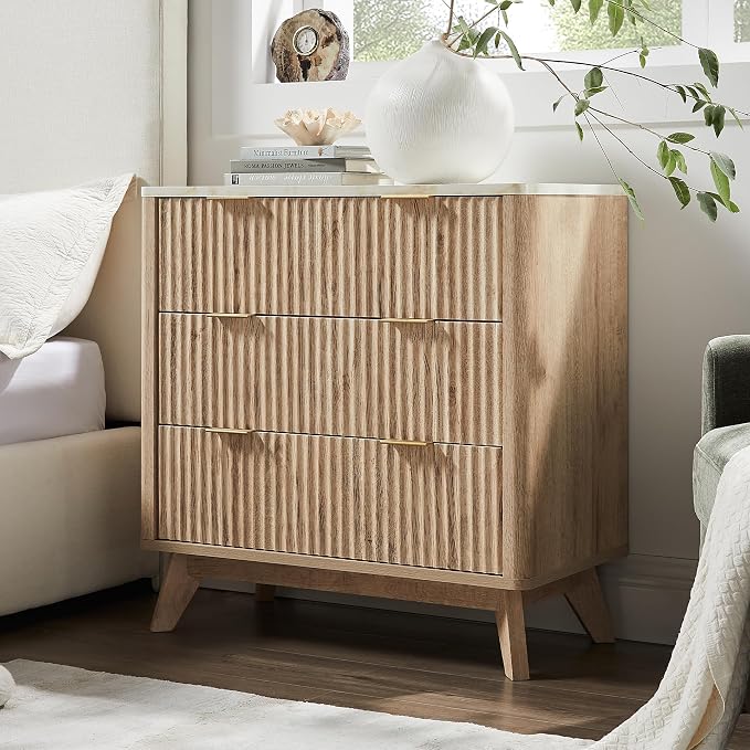 T4TREAM Fluted 3 Drawers Nightstand, Oversized Extra Large Modern Side Table by T4TREAMFurniture