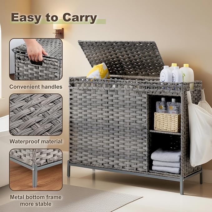 Laundry Hamper with Lid, 130L Rattan Laundry Hamper 3 Section with 50L Storage - Image 6