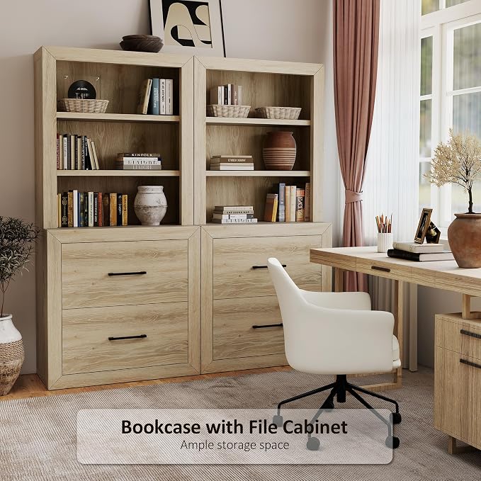 Multi-Depth Bookcase with 2 File Drawers, Bookshelves Floor Standing 3 Tier - Image 4