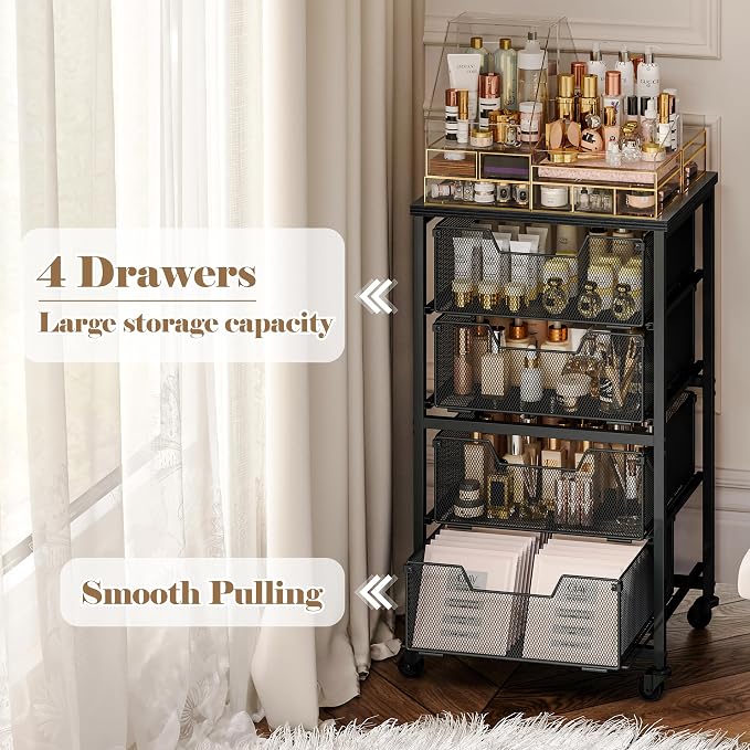 Rolling Cart with Drawers, 4-Drawer Storage Cart on Wheels with Wooden Top - Image 7