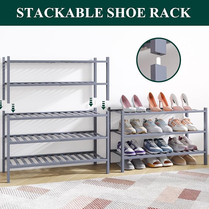 Smiry Bamboo Shoe Rack for Closet, 4 Tier Wooden Stackable Shoe Organizer - Image 4