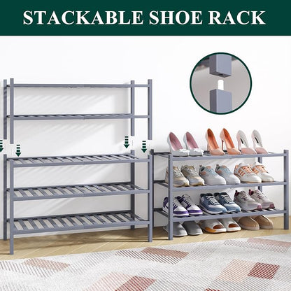 Smiry Bamboo Shoe Rack for Closet, 4 Tier Wooden Stackable Shoe Organizer - Image 4