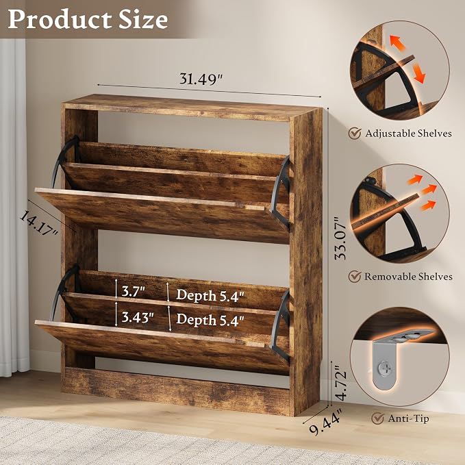 BORNOON Shoe Cabinet with 2 Flip Drawers, Slim Narrow Shoe Storage Cabinet - Image 2