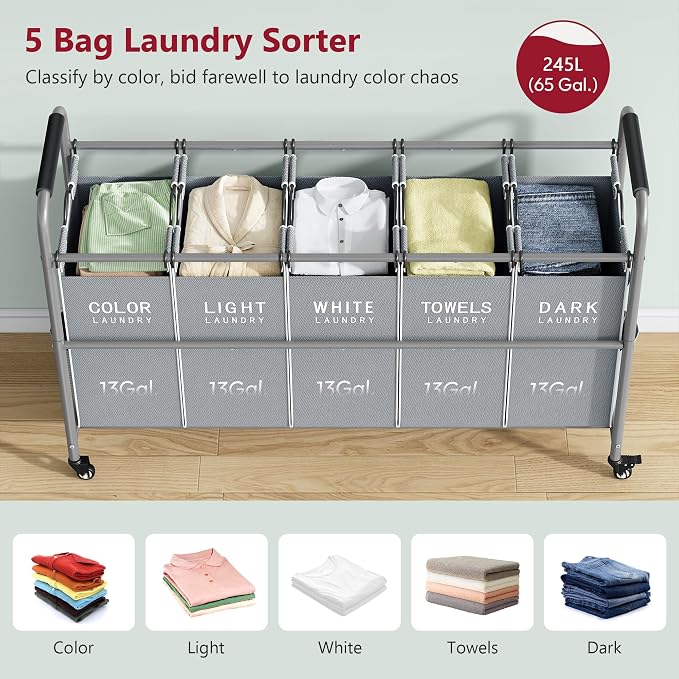 Tajsoon 5 Bag Laundry Sorter Cart, Laundry Hamper Sorter Basket - Image 3