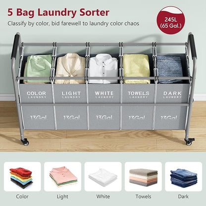 Tajsoon 5 Bag Laundry Sorter Cart, Laundry Hamper Sorter Basket - Image 3