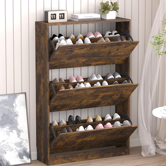BORNOON Shoe Cabinet with 3 Flip Drawers, Hidden Wood Shoe Cabinet, by BORNOON