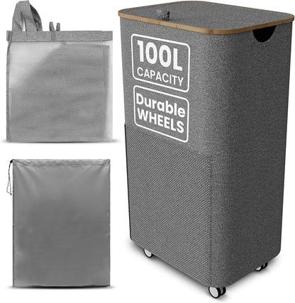 Laundry Basket with Wheels and Handle - 100L Bamboo-Fabric Laundry Hamper with by Unknown