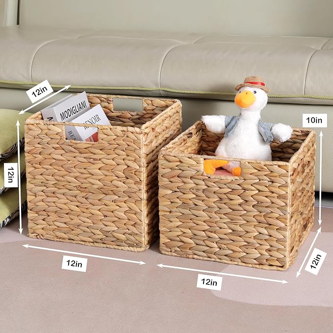 12x12x10 Water Hyacinth Storage Basket Large, Folding Cube Woven Wicker Storage - Image 5