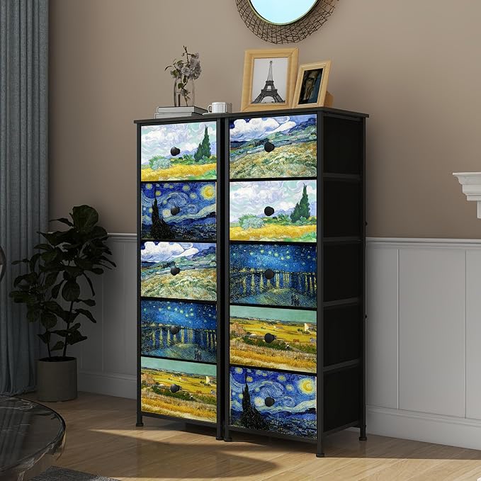 Dresser with 5 Drawers Narrow Tall Nightstand Van Gogh Dresser - Image 7