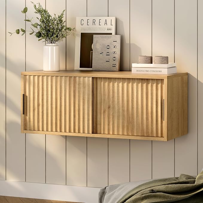 Fluted Wall Cabinet with Sliding Doors, Modern Large Floating Nightstand - Image 9