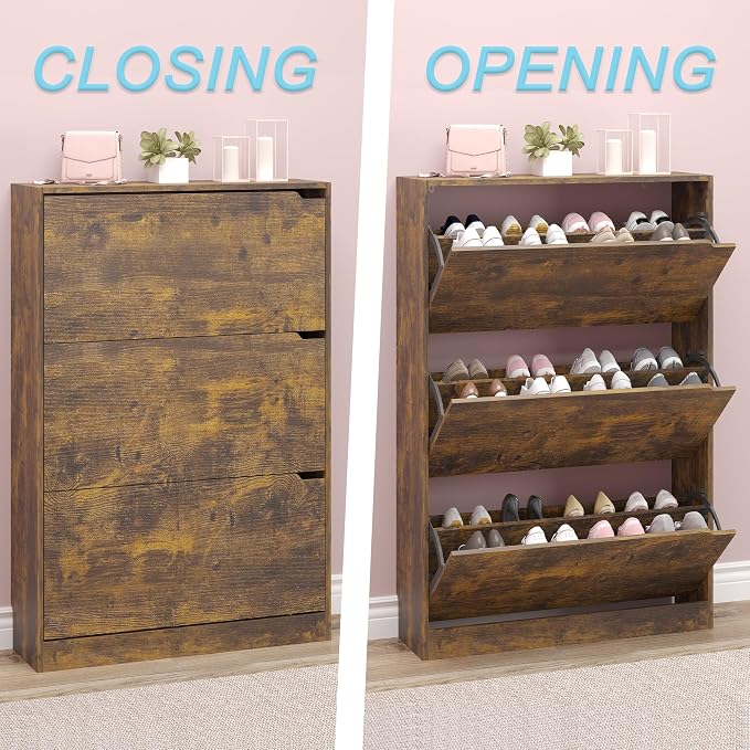 BORNOON Shoe Cabinet with 3 Flip Drawers, Hidden Wood Shoe Cabinet, - Image 5