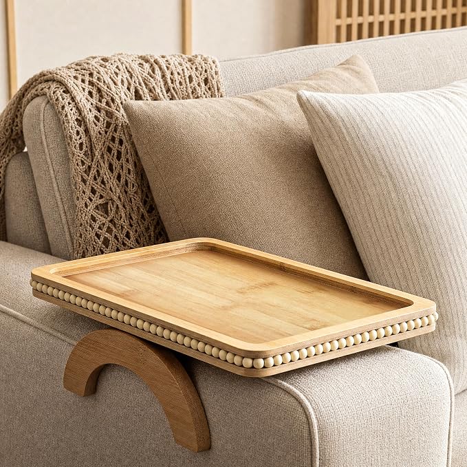 Bamboo Wood Sofa Arm Tray with Beaded Edge by EOSAHR