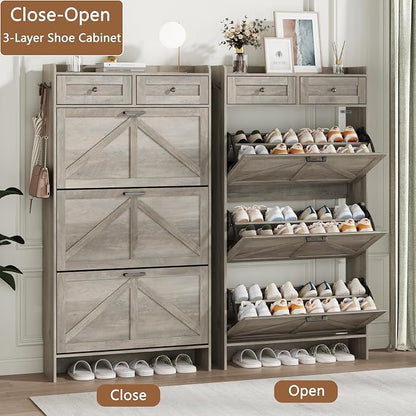Shoe Cabinet with 3 Flip Drawers & 2 Top Drawers, Hidden Slim Shoe Rack - Image 4