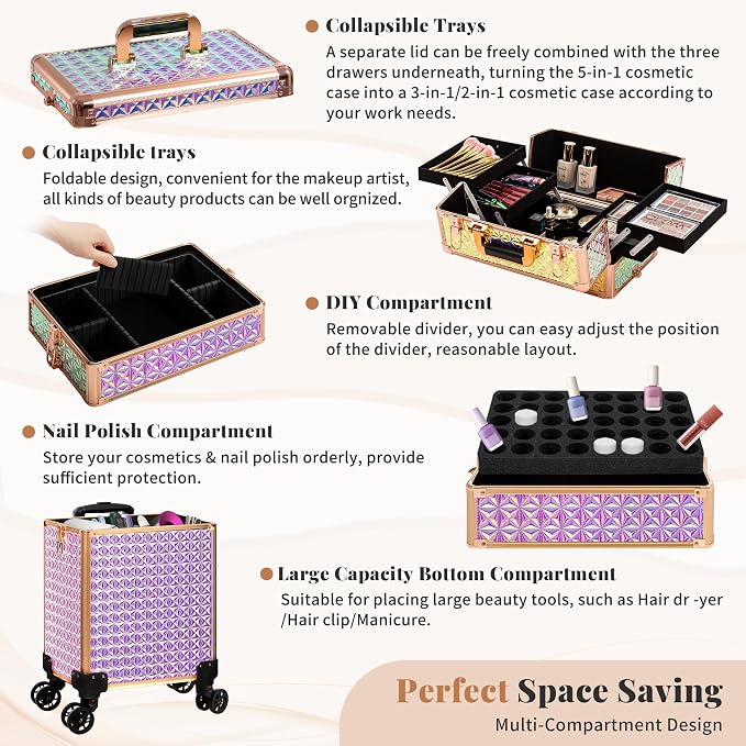 AROUS 5 in 1 Rolling Makeup Train Case Cosmetology Case on Wheels Large - Image 8