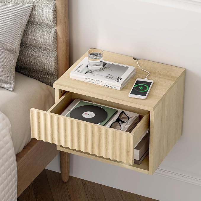 Floating Nightstand with Drawer and Open Shelf, Small Wall Mounted Bedside End - Image 4
