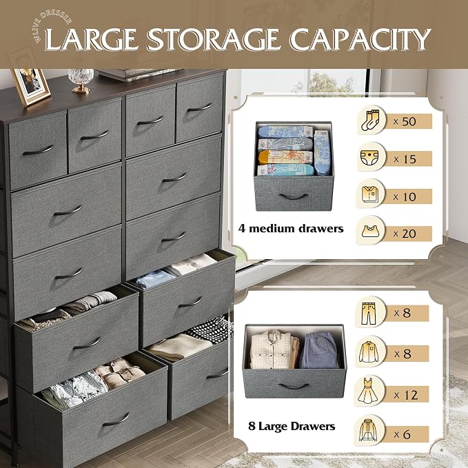 WLIVE 12 Drawer Tall Fabric Dresser Bedroom Storage Chest, Dark Grey | - Image 5