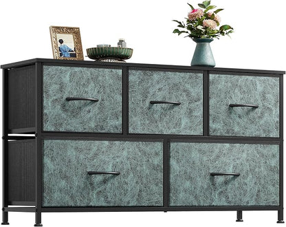 WLIVE Wide Dresser for Bedroom, 5 Drawer Chest of Drawers, Vintage Green | 5 by WLIVE