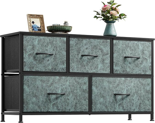 WLIVE Wide Dresser for Bedroom, 5 Drawer Chest of Drawers, Vintage Green | 5 by WLIVE