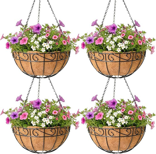 4 Pack Hanging Planter for Outdoor Plants 14 inch Metal Hanging Flower Basket by Unknown