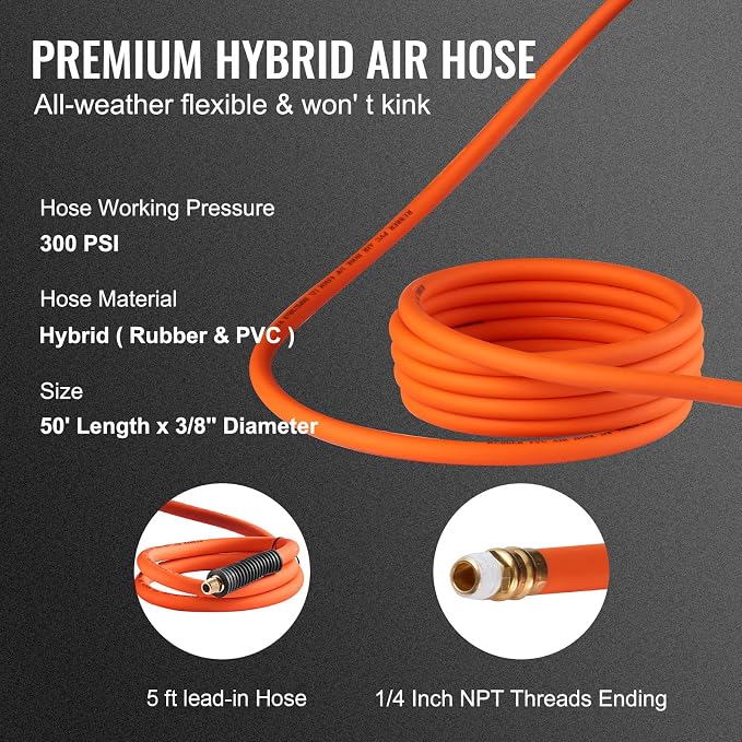 VEVOR Retractable Air Hose Reel 3/8 IN x 50 FT Hybrid Air Hose Max 300PSI | 5ft - Image 3