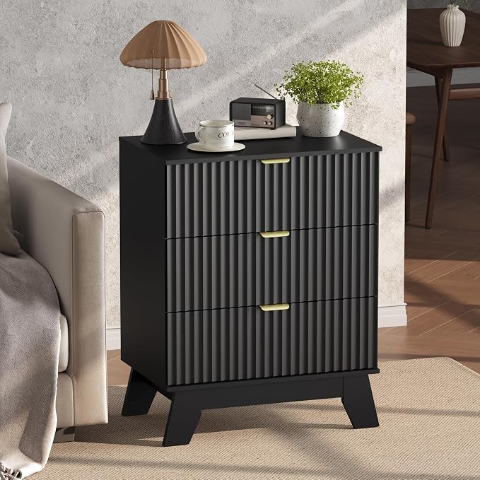 Black Night Stand with 3 Drawers, Bedside Table & End Table, Farmhouse Night - Image 4