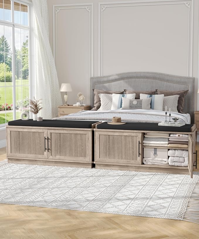 Akxomel 39.4" Fluted Shoe Storage Bench 2 Doors Wooden Entryway Bench Greige - Image 2