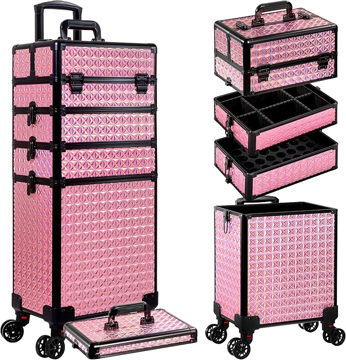 AROUS 5 in 1 Rolling Makeup Train Case Cosmetology Case on Wheels Large - Image 2