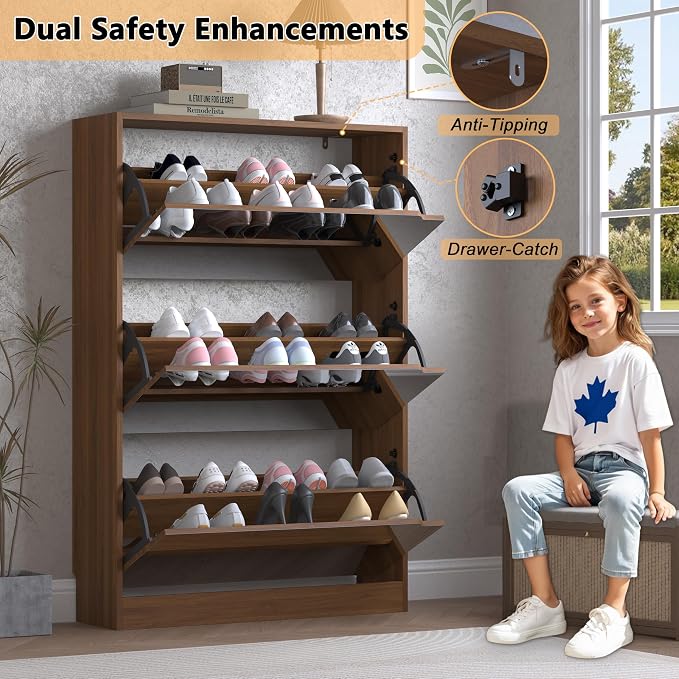 BORNOON Shoe Cabinet with 3-Flip Mirror Drawers, Freestanding Shoe Rack - Image 6
