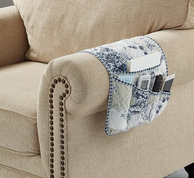 Brilliant Sunshine Blue Toile Couch Sofa Armrest 5 Pockets Organizer, Slip - Image 6