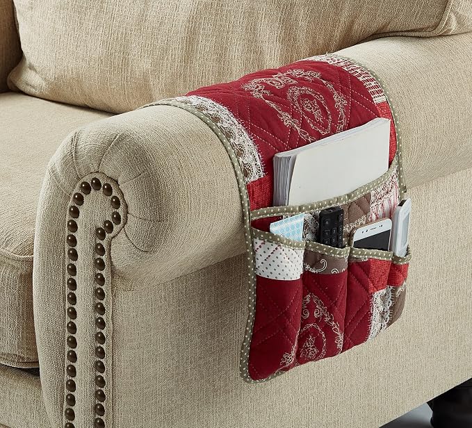 Brilliant Sunshine Burgundy Floral Patchwork Couch Armrest 5 Pockets Organizer - Image 2