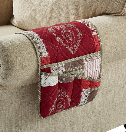 Brilliant Sunshine Burgundy Floral Patchwork Couch Armrest 5 Pockets Organizer - Image 6